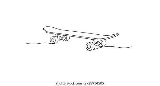 Ilustración de línea continua dibujada a mano de un monopatín. Obra de arte de una sola línea creada para el deporte urbano, la actividad callejera y los conceptos de estilo de vida activo.