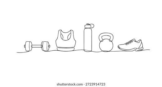 Ilustração de linha contínua desenhada à mão de equipamento de fitness, incluindo haltere, sutiã esportivo, garrafa de água, kettlebell, e tênis de corrida.Arte de linha única criada para treinamento de treino, rotina de ginástica e conceitos de estilo de vida saudável.