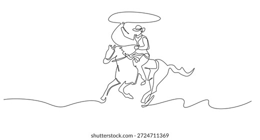 Ilustração de linha contínua desenhada à mão de um cowboy andando a cavalo enquanto balança um laço.Arte de linha única criada para a cultura ocidental, ação de rodeio, e conceitos de estilo de vida de cowboy.