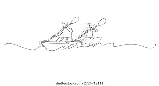 Hand drawn continuous line illustration of two people kayaking together on water.
Single line artwork created for water sport, outdoor activity, teamwork, and adventure lifestyle concepts.