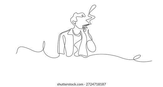 Hand drawn continuous line illustration of a man smoking a cigarette. Single line artwork created for lifestyle expression, habit depiction, and social behavior concepts.