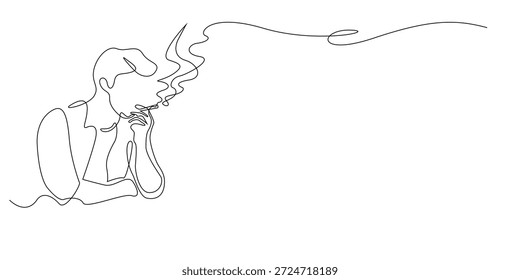 Dibujado a mano línea continua ilustración de un hombre fumando un cigarrillo. Obra de arte de una sola línea creada para la expresión de estilo de vida, la representación de hábitos y los conceptos de comportamiento social.