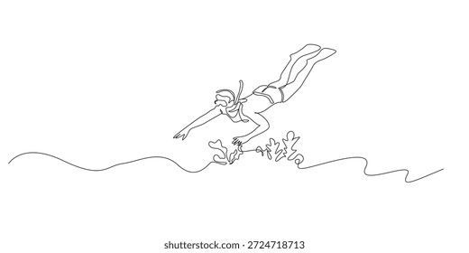 Ilustração de linha contínua desenhada à mão de um homem mergulhando debaixo d'água perto de recife de coral. Arte de linha única criada para esportes aquáticos, exploração marinha e conceitos de aventura no oceano.