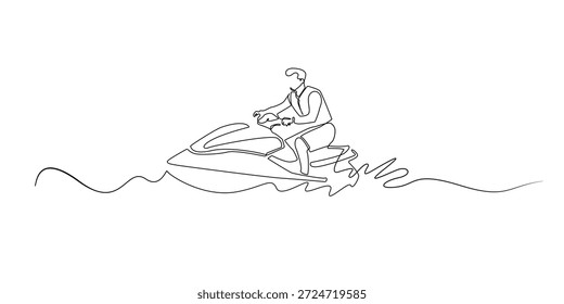 Hand drawn continuous line illustration of a man riding a jet ski on water. Single line artwork created for water sport, speed action, and outdoor adventure concepts.