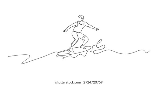 Ilustração de linha contínua desenhada à mão de um homem que surfa em ondas oceânicas.Arte de linha única criada para esportes aquáticos, atividade de praia e conceitos de estilo de vida de aventura extrema.
