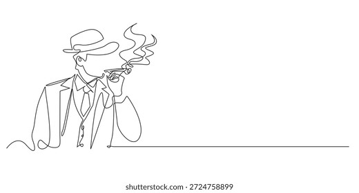Dibujado a mano ilustración de línea continua de un hombre apuesto fumando un cigarrillo. Obra de arte de una sola línea creada para un estilo de vida elegante, moda clásica y conceptos modernos de caballero.