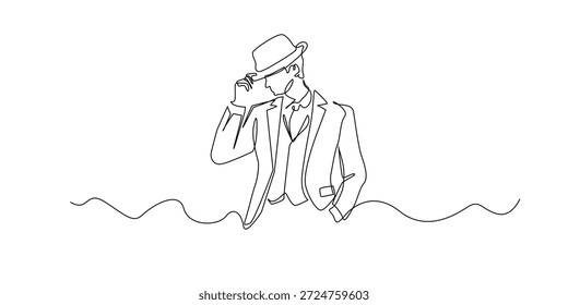 Dibujado a mano ilustración de línea continua de un hombre apuesto inclinando su sombrero.
Obra de arte de una sola línea creada para la moda elegante, el estilo clásico y los conceptos modernos de estilo de vida de caballero.