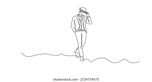 Dibujado a mano ilustración de línea continua de un hombre apuesto inclinando su sombrero.
Obra de arte de una sola línea creada para la moda elegante, el estilo clásico y los conceptos modernos de estilo de vida de caballero.