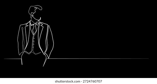 Handgezeichnete durchgehende Linie Illustration eines stilvollen Mannes, der einen formalen Anzug trägt. Einzeiliges Kunstwerk für Geschäftsmode, elegantes Aussehen und moderne Gentleman-Konzepte.