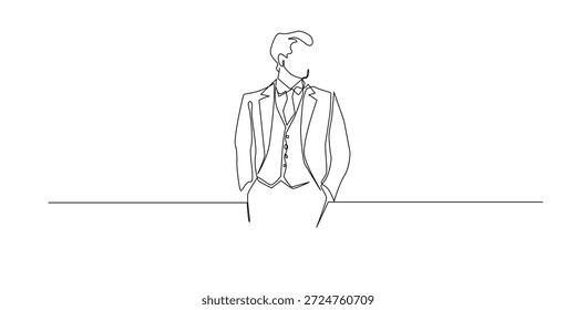 Handgezeichnete durchgehende Linie Illustration eines stilvollen Mannes, der einen formalen Anzug trägt. Einzeiliges Kunstwerk für Geschäftsmode, elegantes Aussehen und moderne Gentleman-Konzepte.