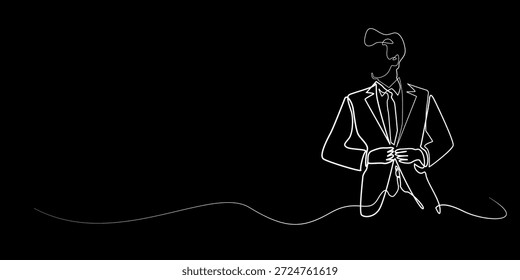 Dibujado a mano ilustración de línea continua de un hombre ajustando su chaqueta de traje.
Obra de arte de una sola línea creada para el fondo de la moda de los hombres, estilo elegante y conceptos modernos del caballero.