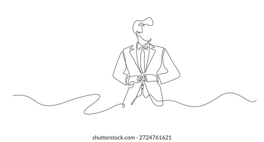 Dibujado a mano ilustración de línea continua de un hombre ajustando su chaqueta de traje.
Obra de arte de una sola línea creada para el fondo de la moda de los hombres, estilo elegante y conceptos modernos del caballero.