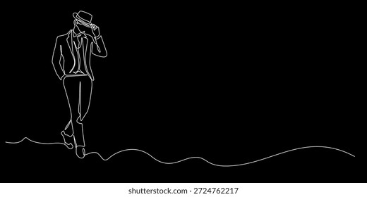 Hand drawn continuous line illustration of a masculine man wearing a suit and hat. Single line artwork created for men fashion background, masculine style, and modern gentleman concepts.