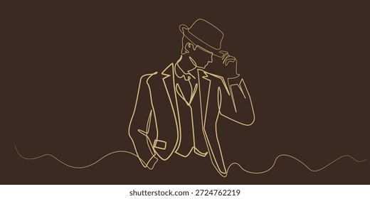 Ilustración de línea continua dibujada a mano de un hombre masculino con traje y sombrero. Obra de arte de una sola línea creada para el fondo de la moda de los hombres, el estilo masculino y los conceptos modernos del caballero.