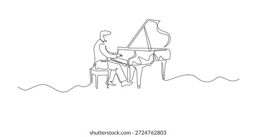Hand drawn continuous line illustration of a man playing a grand piano.Single line artwork created for music performance, classical art, and creative inspiration concepts.