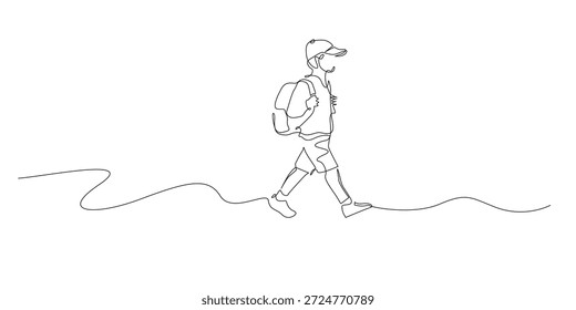 Ilustración de línea continua dibujada a mano de un excursionista que camina con una mochila. Obra de arte de una sola línea creada para aventuras al aire libre, viajes de senderismo y conceptos de exploración.