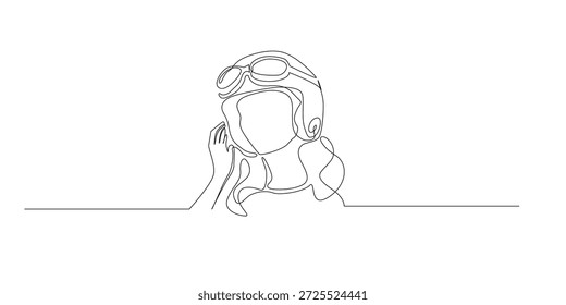 Ilustração de linha contínua desenhada à mão de uma mulher usando um capacete e óculos de proteção.
Arte de linha única criada para motociclismo, segurança, estilo de vida e conceitos de moda moderna.