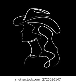 Dibujado a mano línea continua ilustración de una mujer con un sombrero de vaquero.
Obra de arte de una sola línea creada para la belleza occidental, el estilo de moda y los conceptos de póster elegantes.