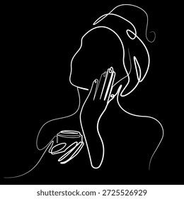 Hand drawn continuous line illustration of a woman applying face cream. Single line artwork created for skincare routine, beauty treatment, and self care concepts.