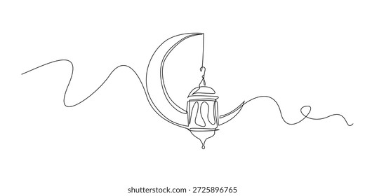 Ilustración de línea continua dibujada a mano de una linterna de Ramadán con luna creciente. Obra de arte de una sola línea creada para la celebración del Ramadán, festividad islámica y conceptos de noche espiritual.