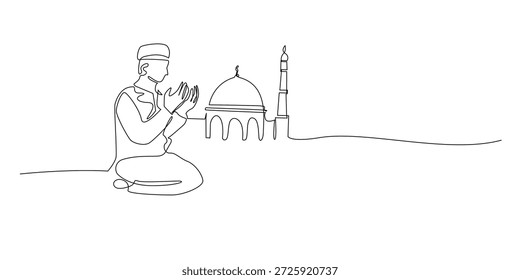 Dibujado a mano línea continua ilustración de un hombre musulmán rezando con fondo de mezquita. Obra de arte de una sola línea creada para la espiritualidad del Ramadán, la adoración y los conceptos de fe islámica
