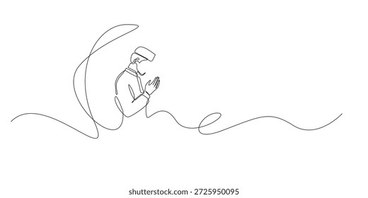 Hand drawn continuous line illustration of a Muslim man praying with raised hands.
Single line artwork created for Ramadan devotion, Islamic faith, and spiritual worship concepts.