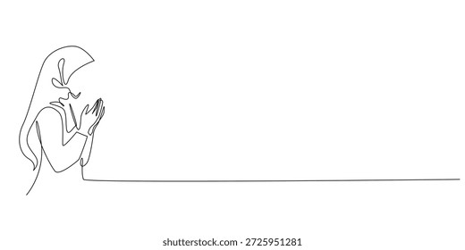 Hand drawn continuous line illustration of a Muslim woman praying with raised hands. Single line artwork created for Ramadan devotion, Islamic faith, and spiritual worship concepts
