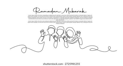 Ilustración de línea continua dibujada a mano de niños musulmanes que dan saludos de Ramadán. Obra de arte de una sola línea creada para la celebración del Ramadán 2026, la alegría islámica y los conceptos de saludo festivo.