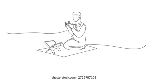 Hand drawn continuous line illustration of a Muslim man praying while reading the Quran. Single line artwork created for Ramadan devotion, Islamic worship, and spiritual faith concepts.