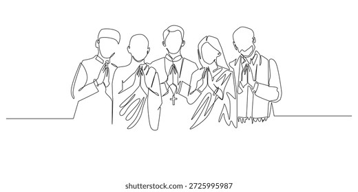 Ilustração de linha contínua desenhada à mão de pessoas de diferentes religiões em pé unidas em unidade. Arte em linha única criada para conceitos de solidariedade inter-religiosa, paz, tolerância e harmonia