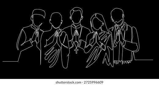 Hand drawn continuous line illustration of diverse people expressing unity across different beliefs. Single line artwork created for peace, tolerance, social harmony, and human connection concepts.