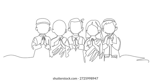 Hand drawn continuous line illustration of children from different religions standing together in harmony. Single line artwork created for tolerance, unity, peace, and diversity education concepts.