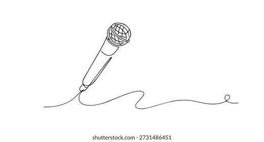 Ilustración de línea continua dibujada a mano de un micrófono. Ilustraciones de una sola línea que representan música, canto, podcast, grabación de audio y conceptos de rendimiento de sonido.