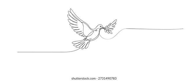 Ilustração em linha contínua desenhada à mão de uma pomba voadora segurando uma folha em seu bico. Arte em linha única simbolizando os conceitos de paz, liberdade, esperança e natureza.