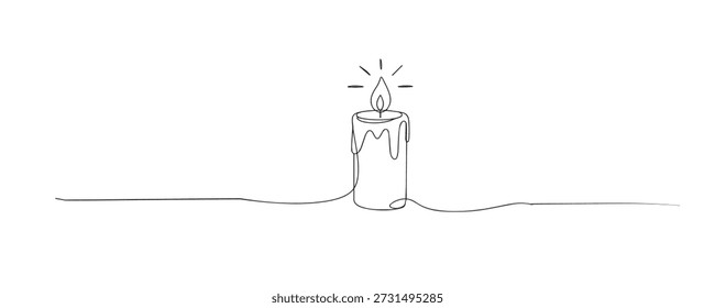 Hand drawn continuous line illustration of a burning candle. Single line artwork representing light, warmth, hope, spirituality, and calm atmosphere concepts.