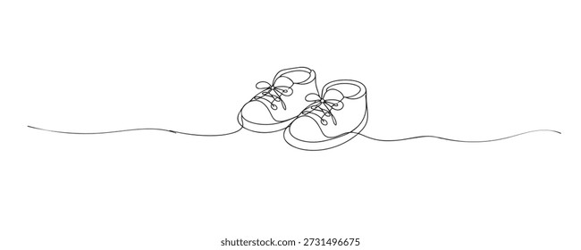 Ilustração de linha contínua desenhada à mão de sapatos de bebê. Arte de linha única representando conceitos de infância, cuidados a recém-nascidos, infância e amor familiar.