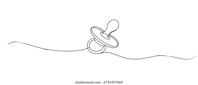 Hand drawn continuous line illustration of a baby pacifier. Single line artwork representing infant care, comfort, soothing, and newborn essentials.