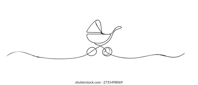 Handgezeichnete durchgehende Liniendarstellung eines Kinderwagens. Einzelne Kunstwerke, die Kinderbetreuung, Elternschaft, Familienleben und Mobilitätskonzepte für Kleinkinder darstellen.