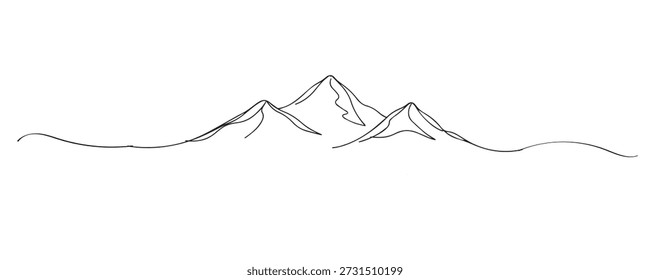 Ilustração de linha contínua desenhada à mão de uma cordilheira. Arte em linha única representando os conceitos de natureza, paisagem, natureza selvagem e cenário ao ar livre.
