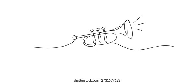Handgezeichnete durchgehende Liniendarstellung einer Trompete. Einzeiliges Artwork, das Musik, Sound, Performance und Musikinstrumentenkonzepte repräsentiert.