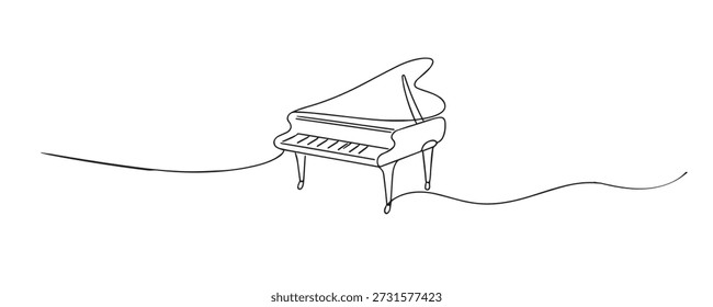 Hand drawn continuous line illustration of a grand piano. Single line artwork representing music, classical instruments, performance, and artistic expression.