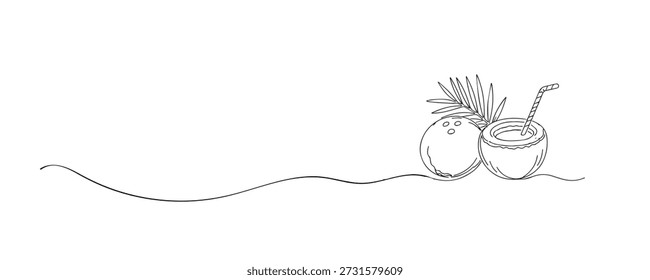 Dibujado a mano línea continua ilustración de cocos con una pajita. Obra de arte de una sola línea que representa bebidas tropicales, refrescos de verano y conceptos de estilo de vida de playa.