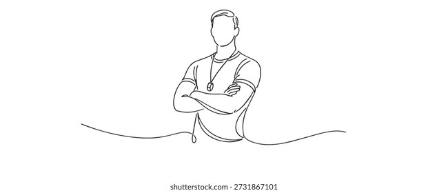 Handgezeichnete durchgehende Liniendarstellung eines Fitnesstrainers, der mit gefalteten Armen steht. Einzeilige Kunstwerke, die Zuversicht, Stärke, Coaching und gesunde Lebensweise repräsentieren.
