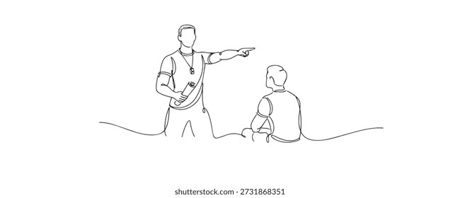 Ilustração de linha contínua desenhada à mão de um treinador de fitness dando instruções a um atleta. Arte de linha única representando orientação de treinamento, motivação e treinamento profissional.