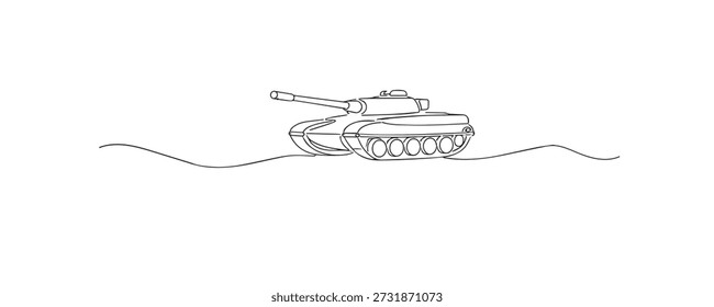 Hand drawn continuous line illustration of a military tank on the ground. Single line artwork representing armored vehicle, defense equipment, power, and military technology.