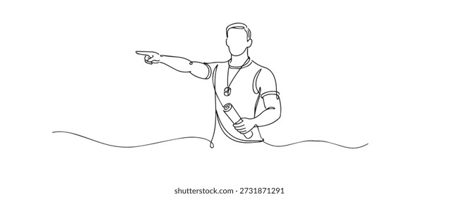 Ilustración de línea continua dibujada a mano de un entrenador de fitness que señala hacia adelante mientras sostiene un Plan de entrenamiento. Ilustraciones de una sola línea que representan orientación, liderazgo y entrenamiento deportivo.