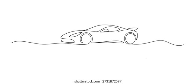Dibujado a mano ilustración de línea continua de un coche deportivo moderno en vista lateral. Ilustraciones de una sola línea que representan la velocidad, el diseño de lujo, el rendimiento y la innovación automotriz.