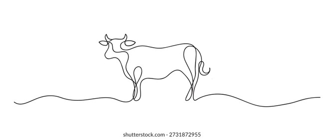 Ilustração de linha contínua desenhada à mão de uma vaca em pé calmamente. Arte de linha única representando conceitos de pecuária, agricultura, vida rural e animais de fazenda.