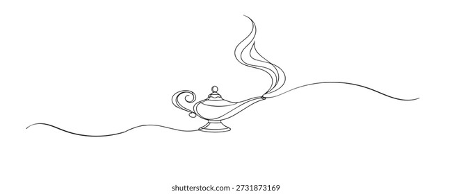 Ilustração de linha contínua desenhada à mão de uma lâmpada mágica de Aladdin. Arte de linha única representando o conceito de conto de fantasia, desejos, mistério e folclore árabe.