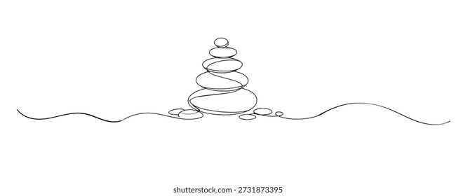 Ilustración de línea continua dibujada a mano de piedras de equilibrio apiladas. Obra de arte de una sola línea que representa la armonía, la meditación, la estabilidad, la atención plena y los conceptos de estilo de vida zen.